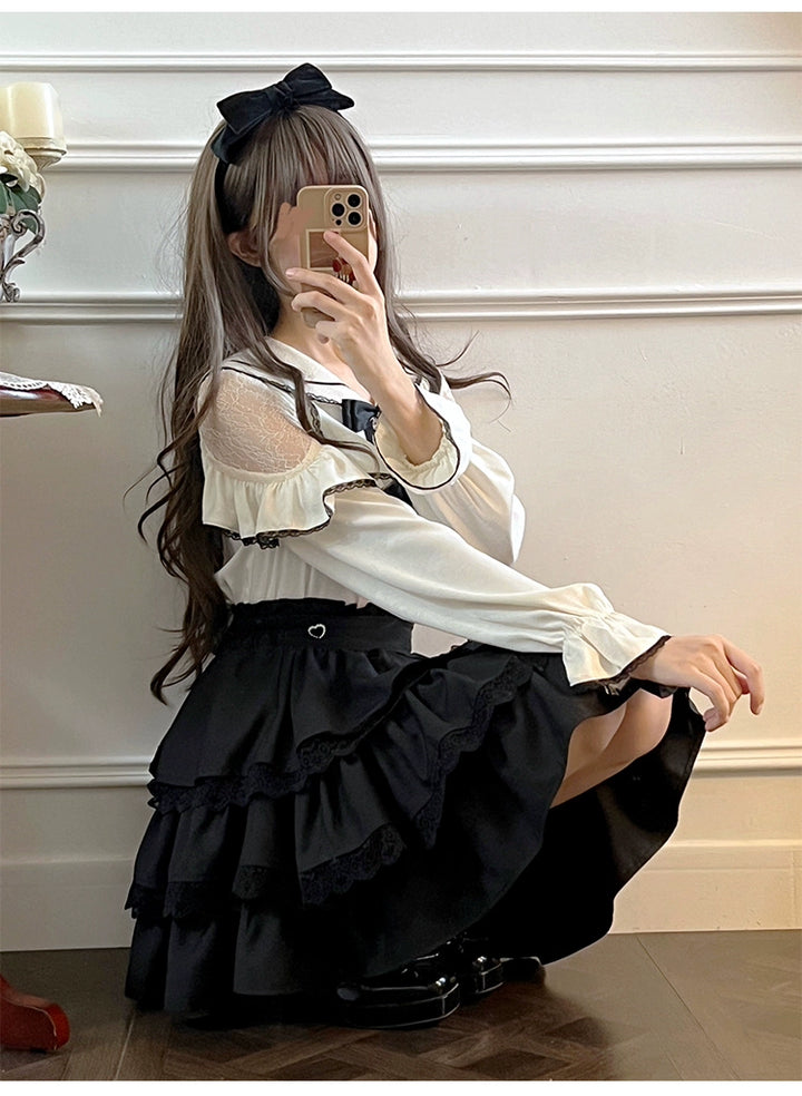 Jirai Kei Sailor Collar Blouse + Tiered Ruffles Skirt 38158:644080