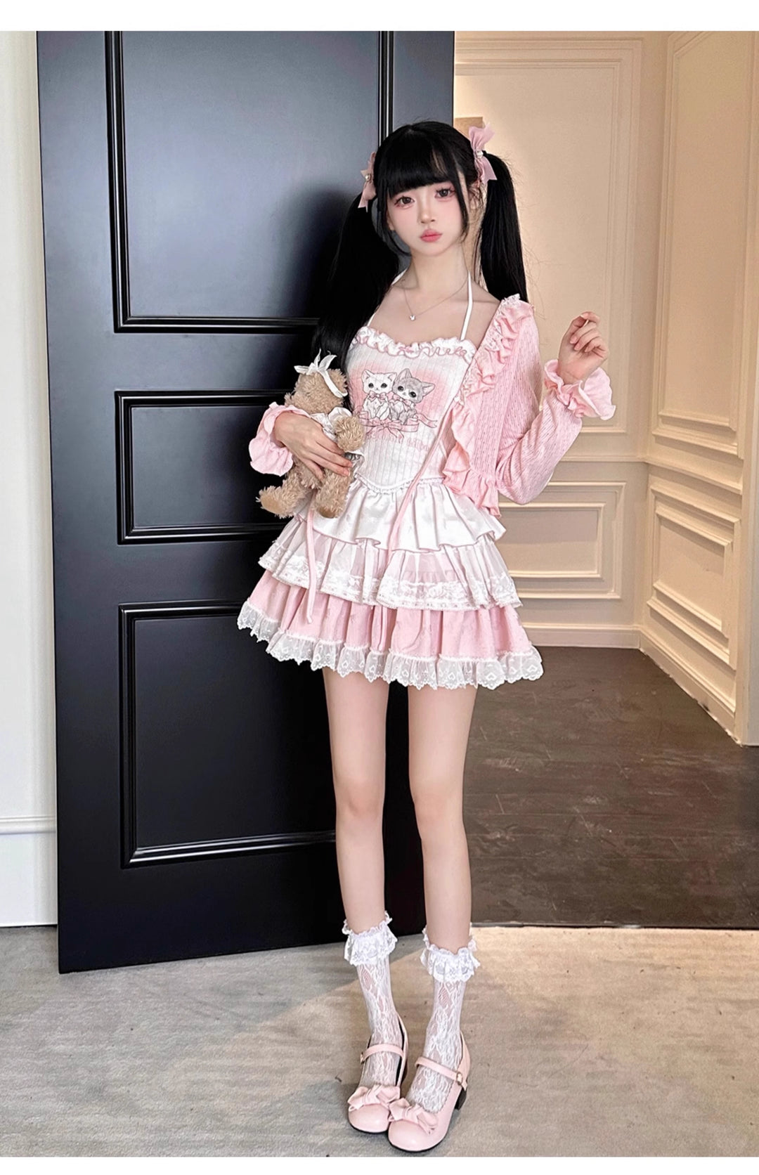 Ryousangata Skirt Set Pink Cardigan White Straps Top 37008:548354 37008:548354