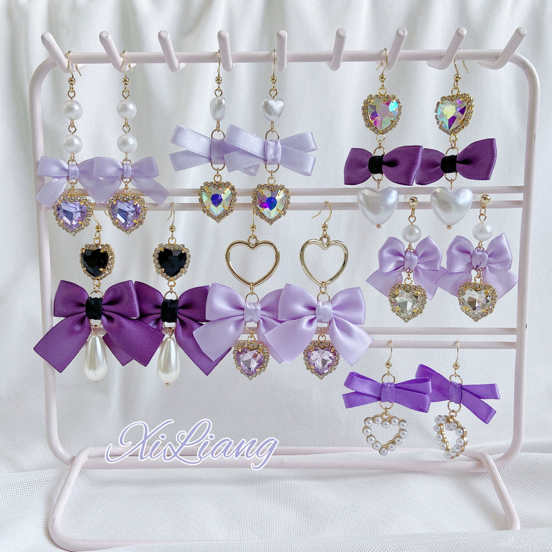 Purple Jirai Kei Earrings with Ribbon Bow Rhinestone & Pearl Detail 41730:712126