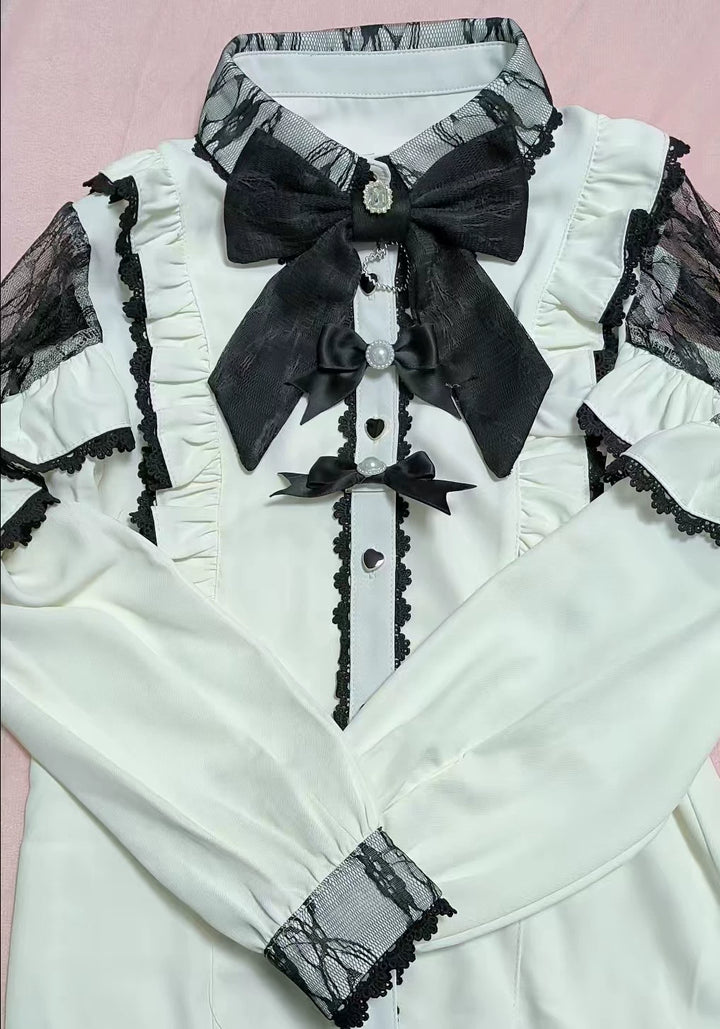 Lace Cut-Out Jirai Kei Blouse + Black Long High-Waist Lace-Up Skirt 41720:711566