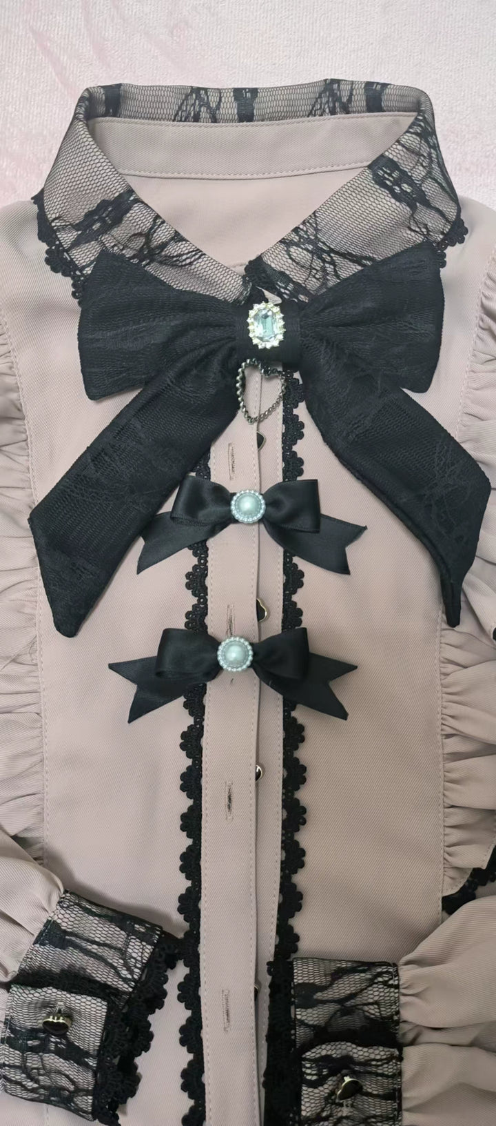 Lace Cut-Out Jirai Kei Blouse + Black Long High-Waist Lace-Up Skirt 41720:711576