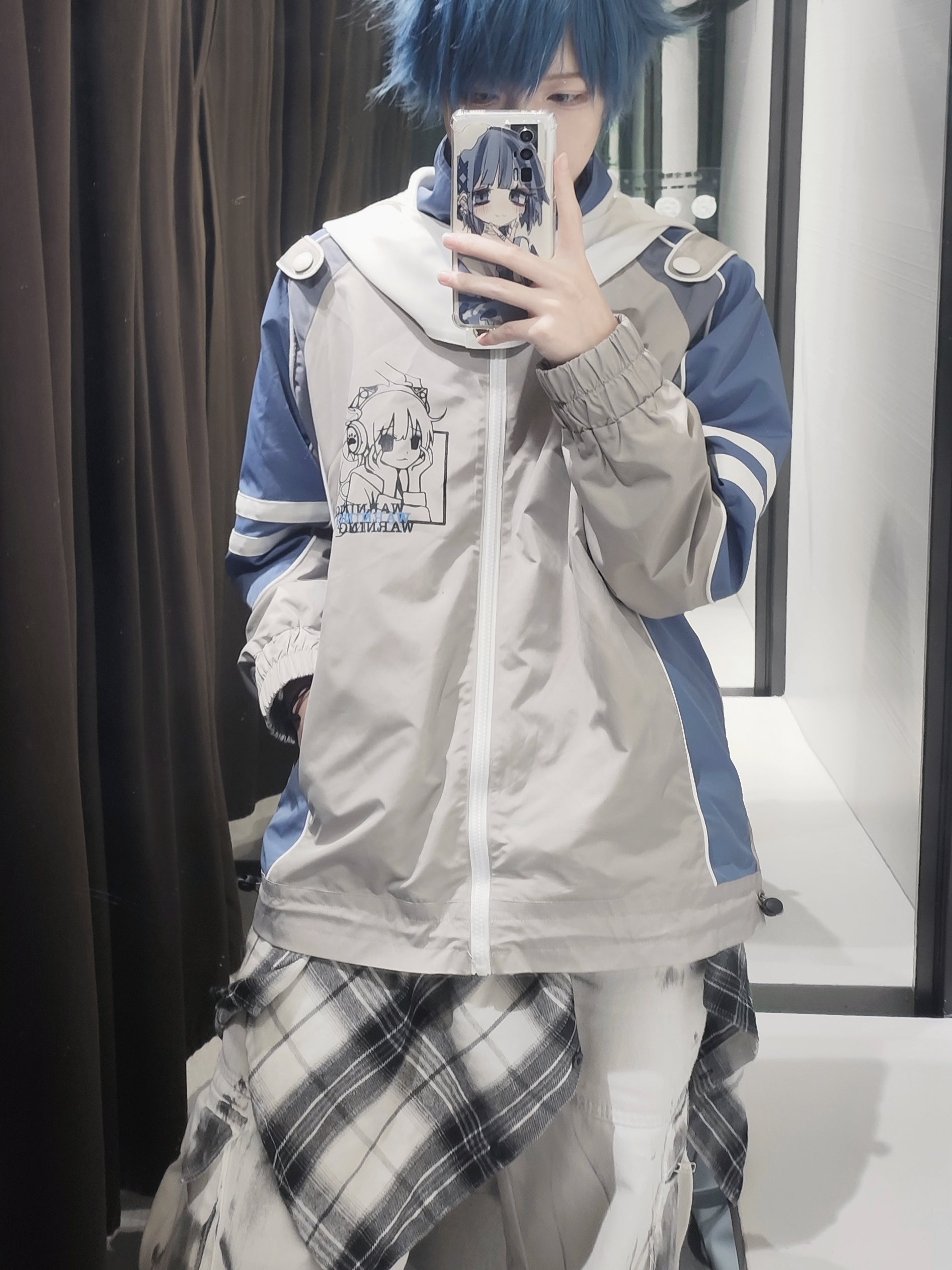 Jirai Kei Techwear Jacket with Detachable Hood and Otaku Print