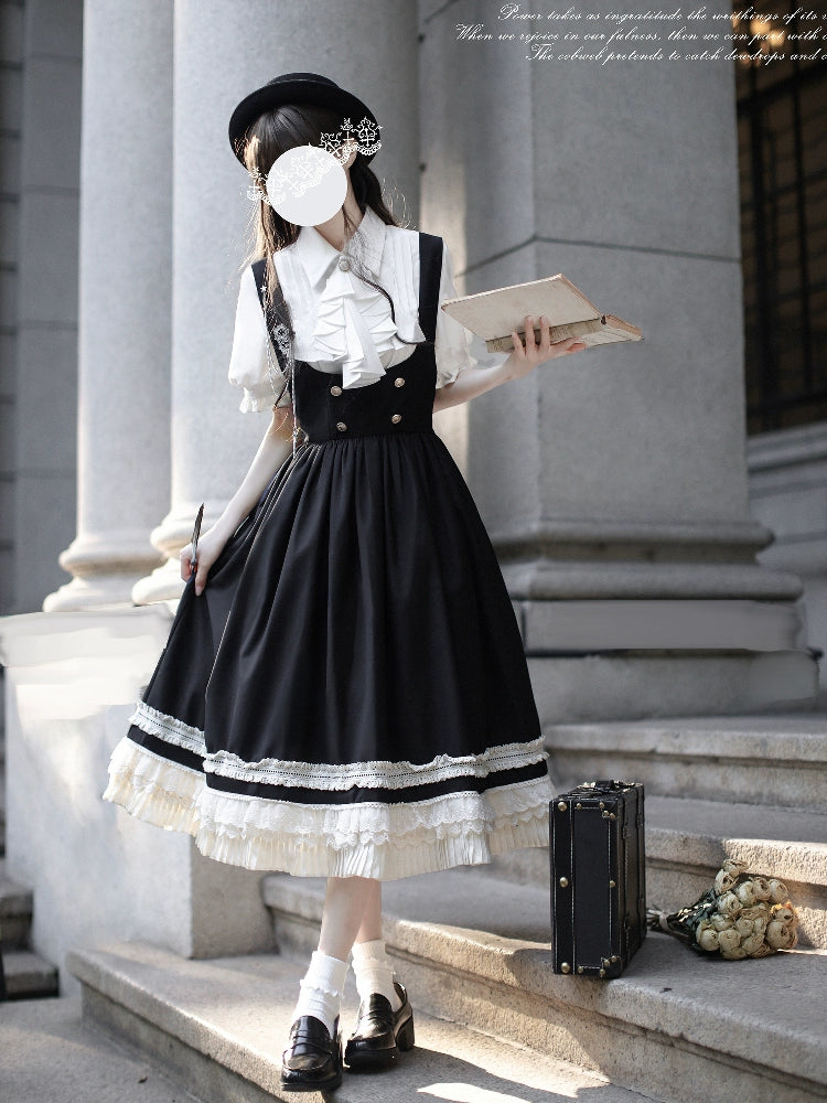 Black Preppy Style Jumper Dress, White Blouse 43508:778717