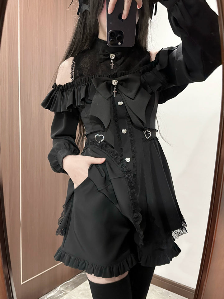 Jirai Kei Dress Set, Open-Shoulder Dress, Lace Patchwork 41552:703588