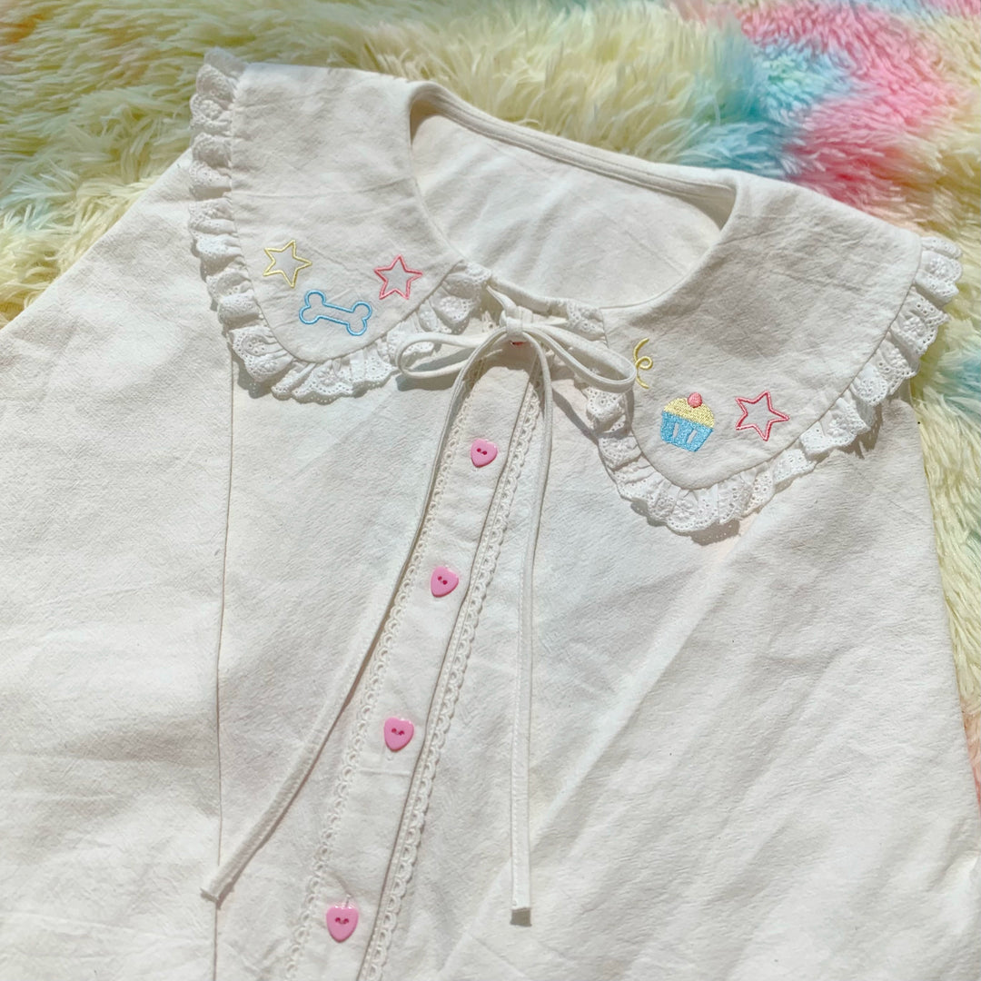Fairy Kei White Blouse Peter Pan Collar Embroidered Shirt (L M S) 31680:371182 (L M S) 31680:371182