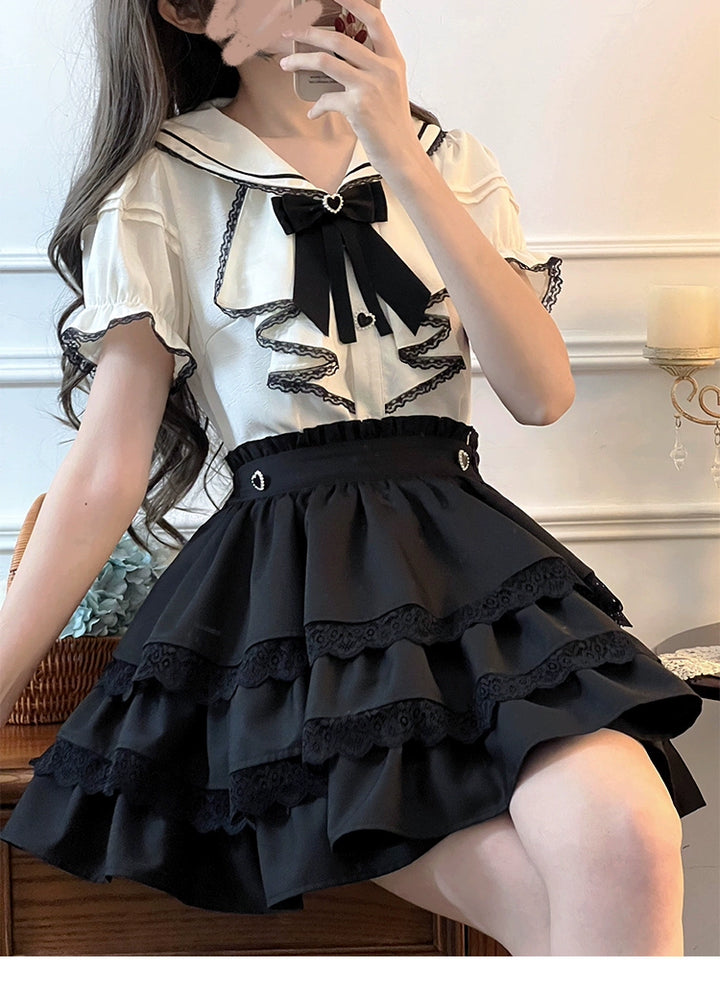 Jirai Kei Sailor Collar Blouse + Tiered Ruffles Skirt 38158:580852