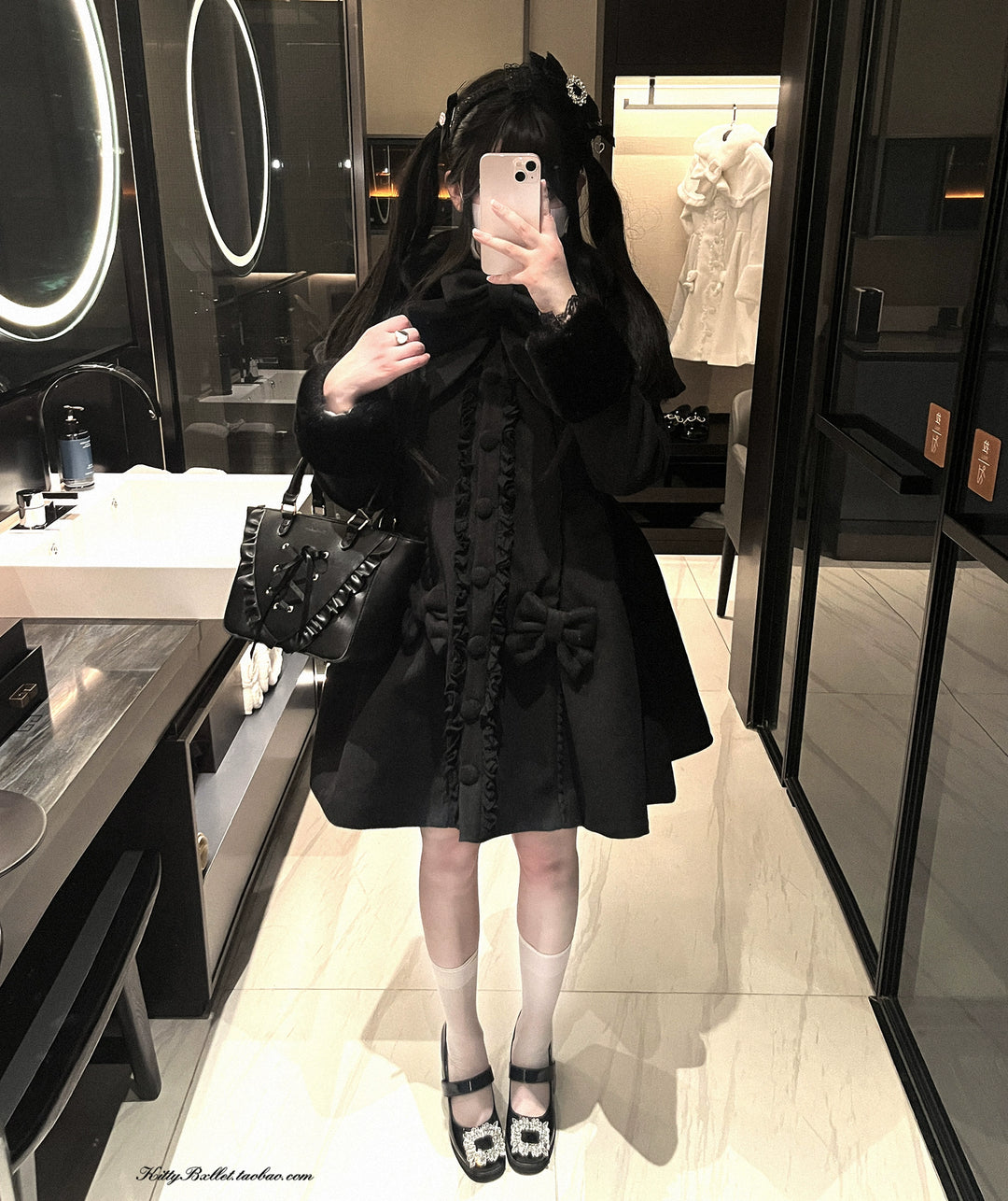 Jirai Kei Winter Coat Wool-like Cape Dress With Detachable Bow 42072:724999