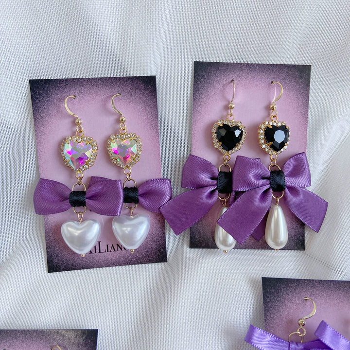 Purple Jirai Kei Earrings with Ribbon Bow Rhinestone & Pearl Detail 41730:712144