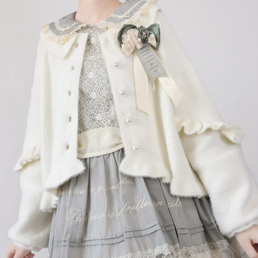 Sweet Lolita Cardigan Bubble Sleeve Ruffle Trim Sweater 40320:659496