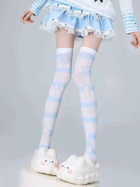 Tenshi Kaiwai Socks Hold-ups Thigh High Socks Velvet Print (F) 36542:555130