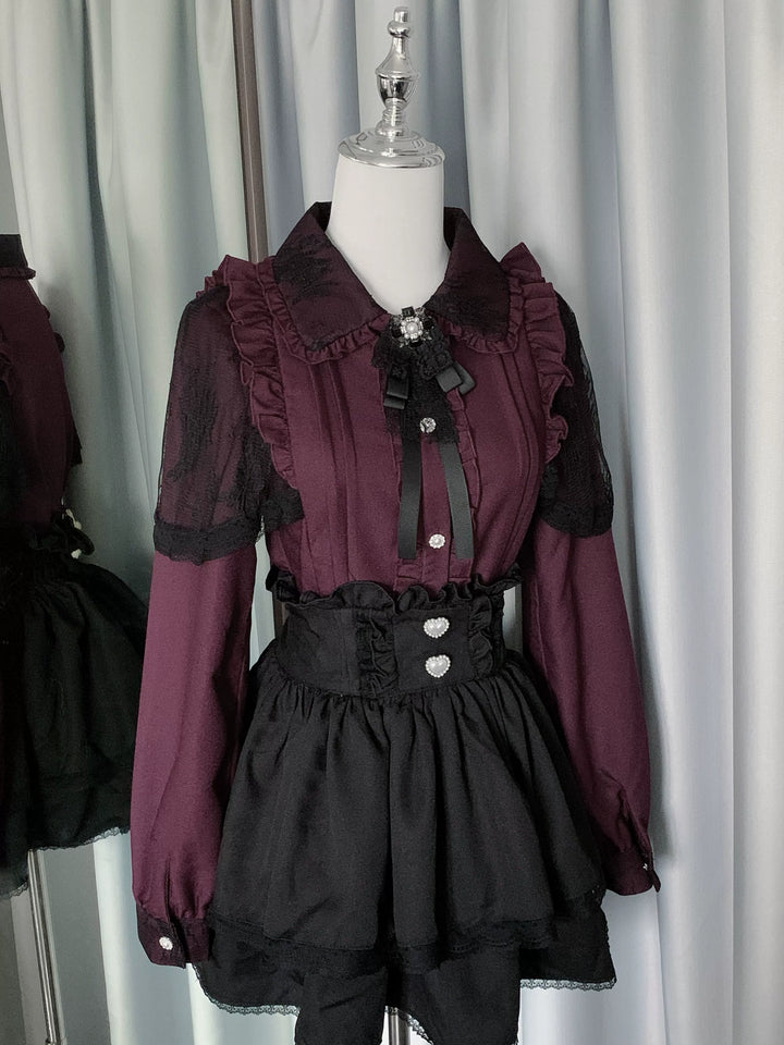 Jirai Kei Skirt Set Long Sleeve Lace Blouse And Skirt Set (L M S XL) 41034:685826