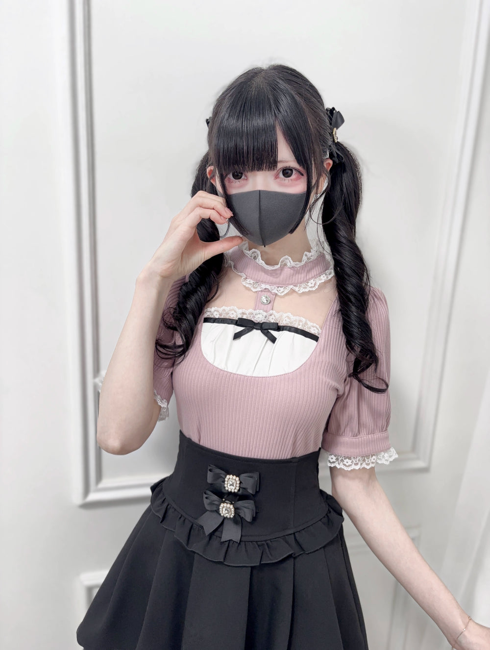 Halter Neckline Jirai Kei Short Sleeve Blouse, Rhinestone, Lace (L M) 43374:775096