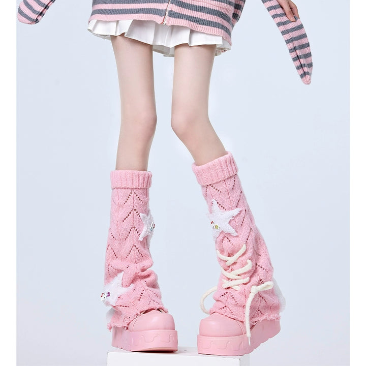 Tenshi Kaiwai Knit Leg Sleeves Y2K Stacked Socks Multicolor (Pink) 38250:582382