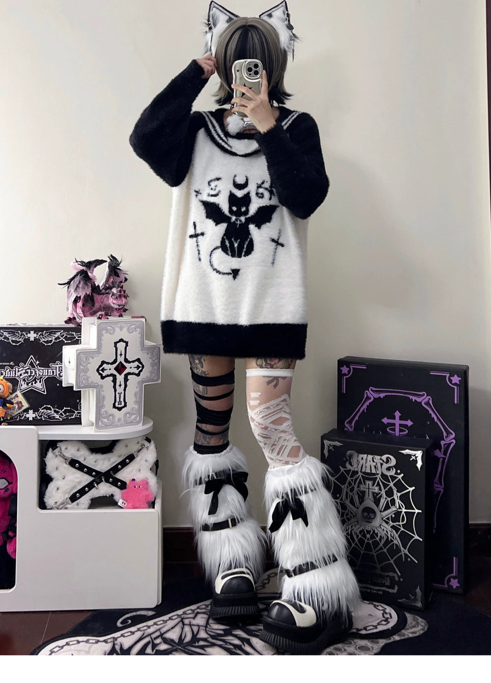 Jirai Kei Sweater Black White Devil Cat Sailor Collar Sweater 32632:409712