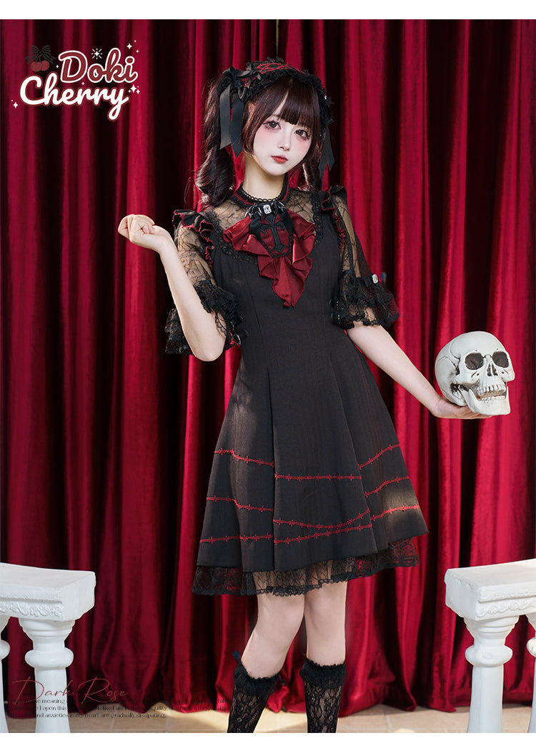 Black Jirai Kei Dress with Removable Evil Wings & Cross Embroidery Jabot 42649:747935