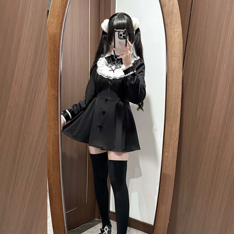 Plus Size Jirai Kei Long Sleeve Dress Set With Lace Wrist Bow Multicolor 41688:710570