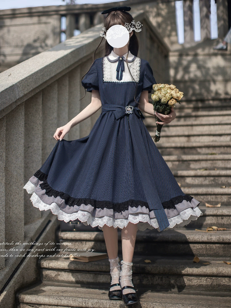 Navy Preppy Style Long Dress, Peter Pan Collar 43648:782295