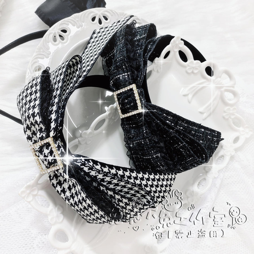 Jirai Kei Headband with Double-Layered Bow and Rhinestone 42323:736397