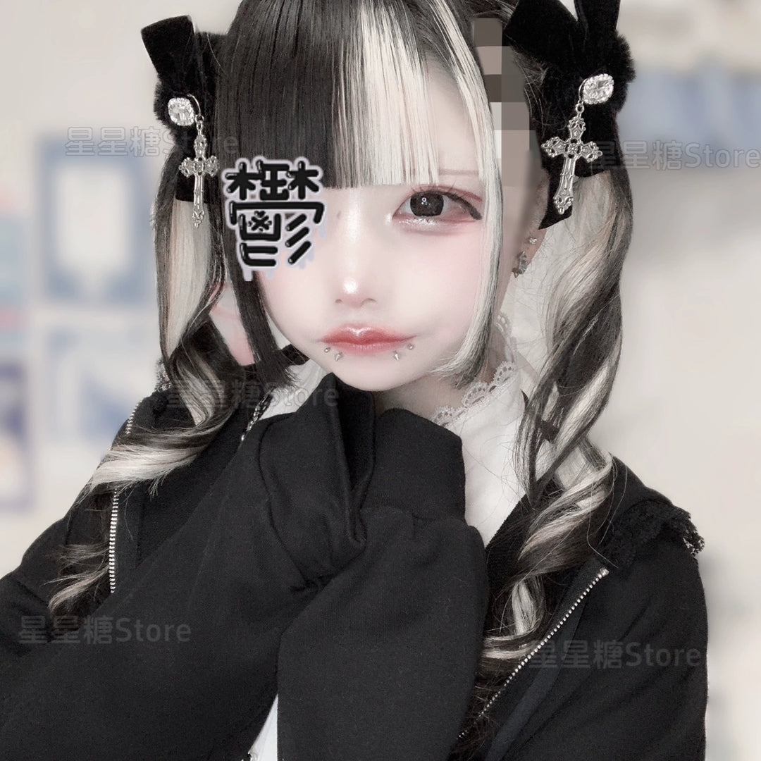 Jirai Kei Black Fluffy Hair Tie, Rhinestone and Cross 43870:791310