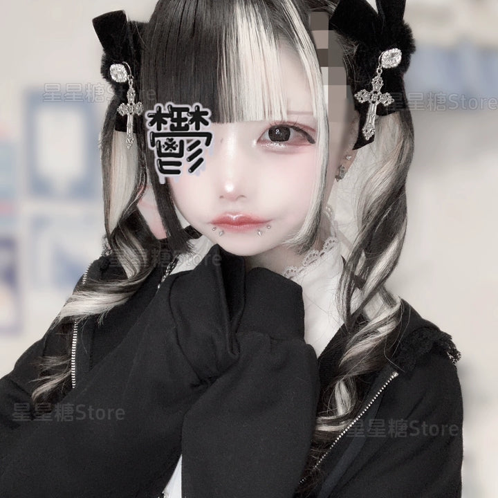 Jirai Kei Black Fluffy Hair Tie, Rhinestone and Cross 43870:791310