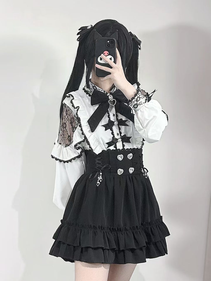 Jirai Kei White Blouse With Lace Open Shoulder And Long Sleeves 42710:750100