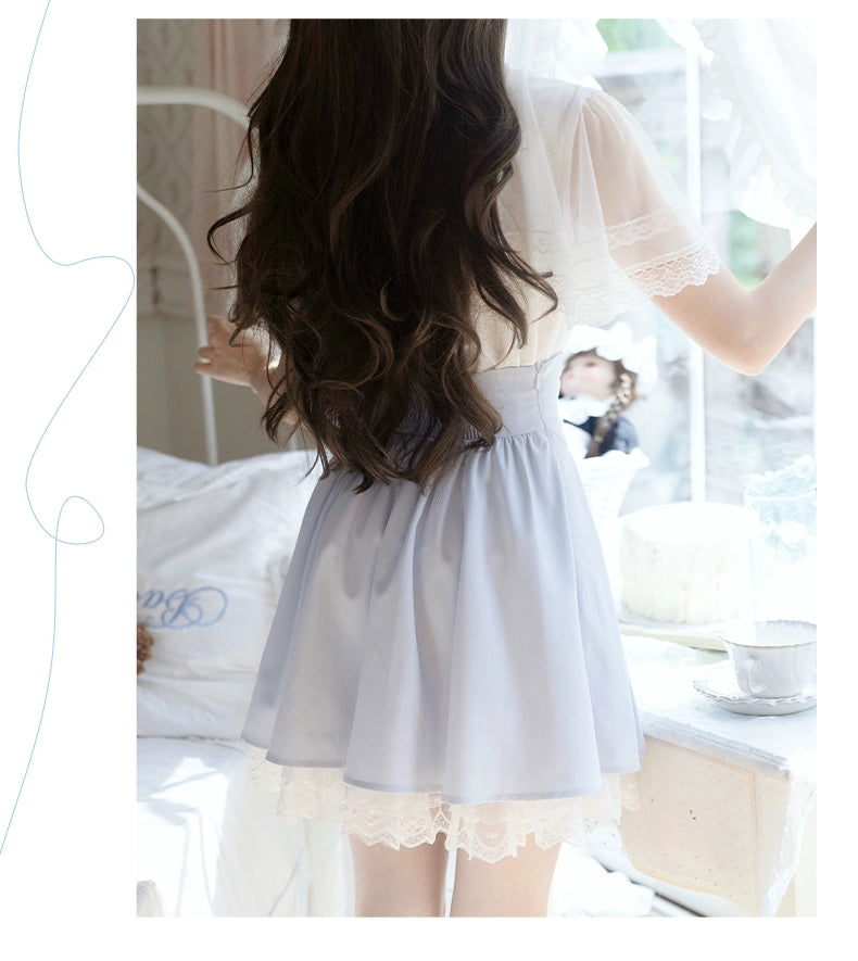 White Ryousangata Cape Blouse, BLue Pleated Skirt, Bow Tie 43066:764278