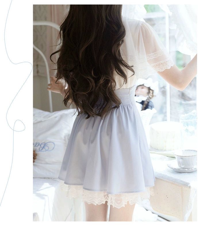 White Ryousangata Cape Blouse, BLue Pleated Skirt, Bow Tie 43066:764278