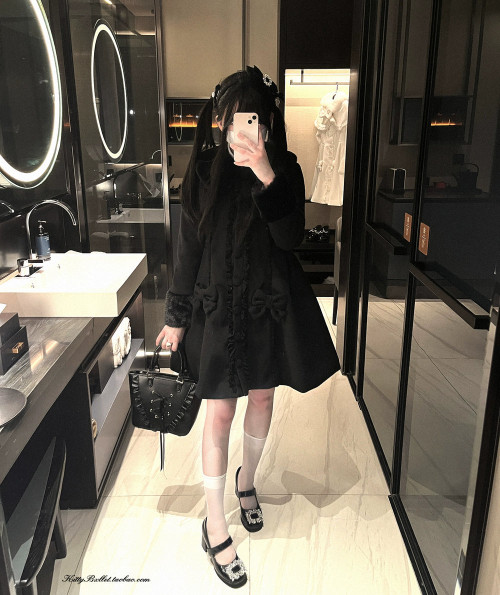 Jirai Kei Winter Coat Wool-like Cape Dress With Detachable Bow 42072:725012