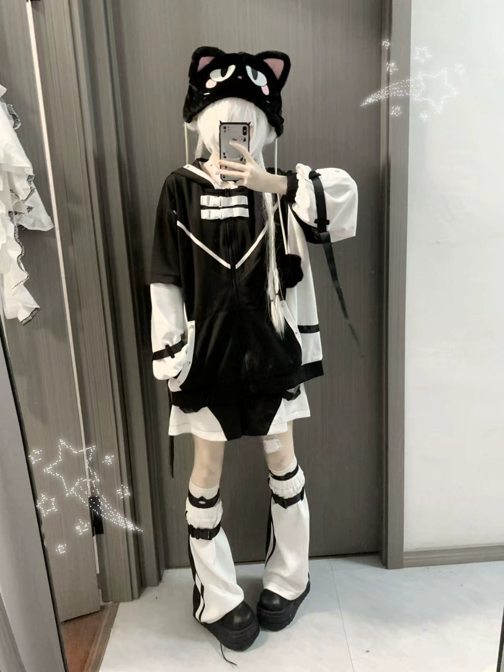 Cat Ears Jirai Kei Hoodie Jacket Black White Sports Full Set 41330:701400