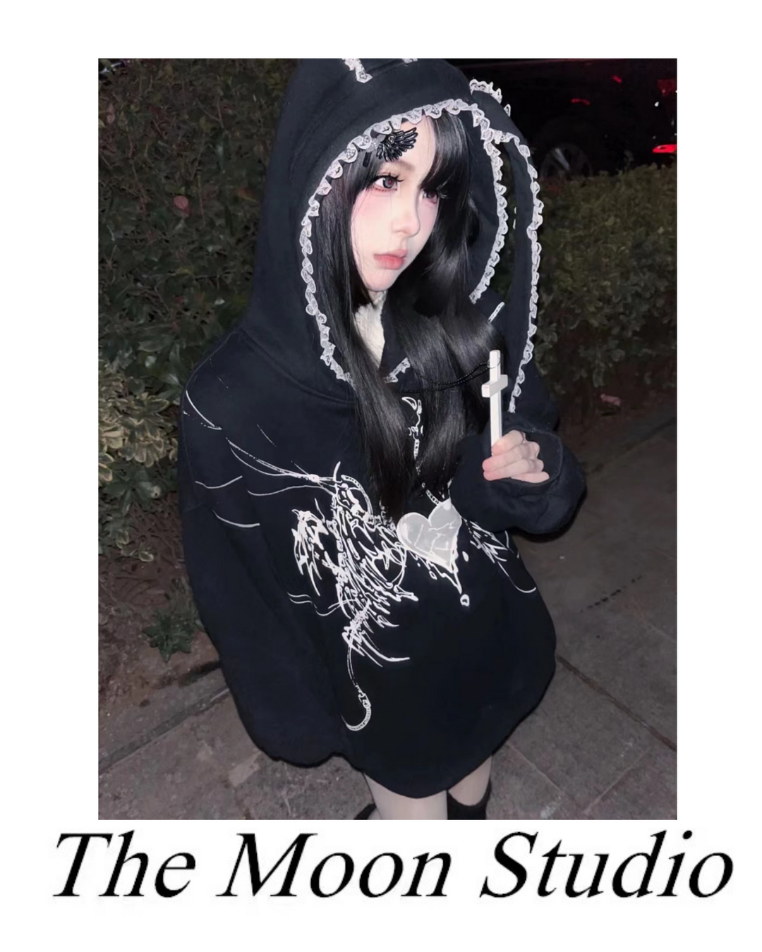 Punk Hoodie Y2K Black Hoodie With Bunny Ear Hood 39684:633816