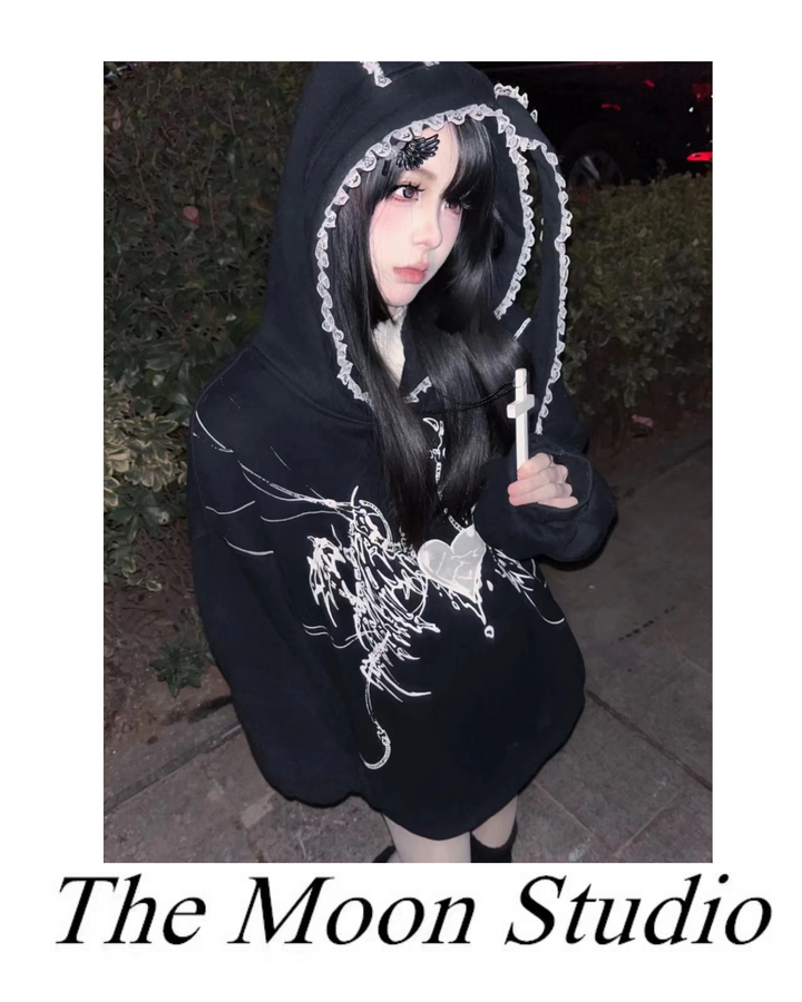 Punk Hoodie Y2K Black Hoodie With Bunny Ear Hood 39684:633816