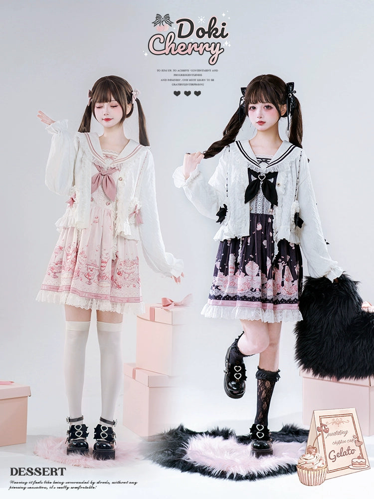 Jirai Kei Dress Dessert Print OP Dress Sailor Collar Cardigan With Bow 42146:728504
