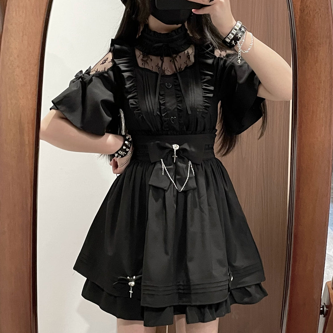 Lace Shoulder Jirai Kei Blouse + High Waist Skirt, Cross Pendant 35596:538244