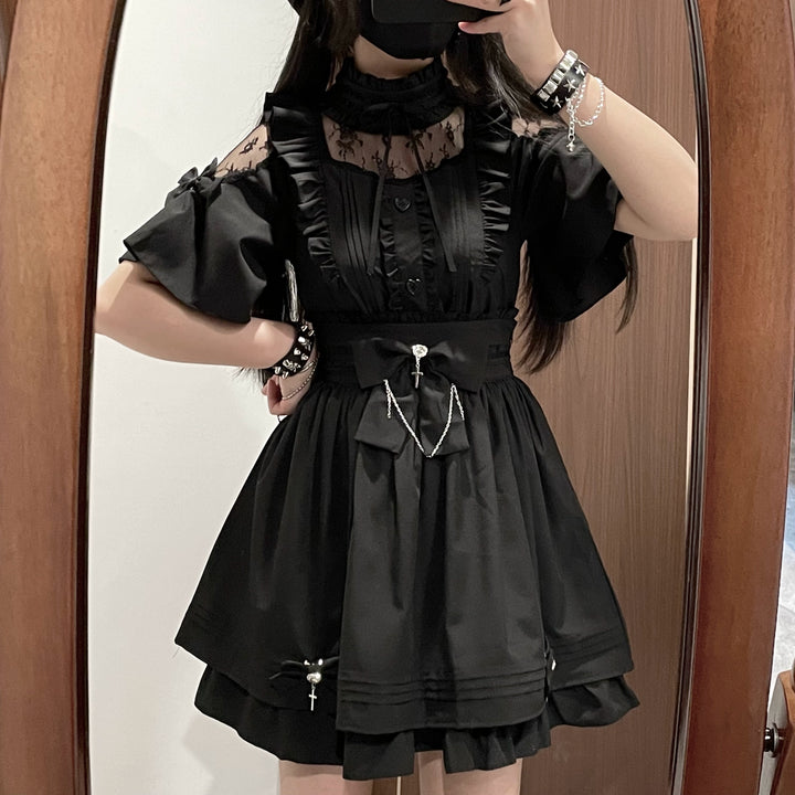 Lace Shoulder Jirai Kei Blouse + High Waist Skirt, Cross Pendant 35596:538244