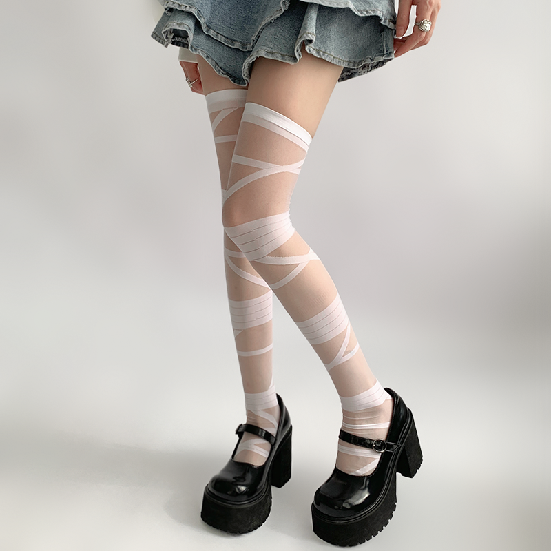 Lolita Socks Y2K Thigh-high Socks Straps White Black Silk 36616:522430 36616:522430