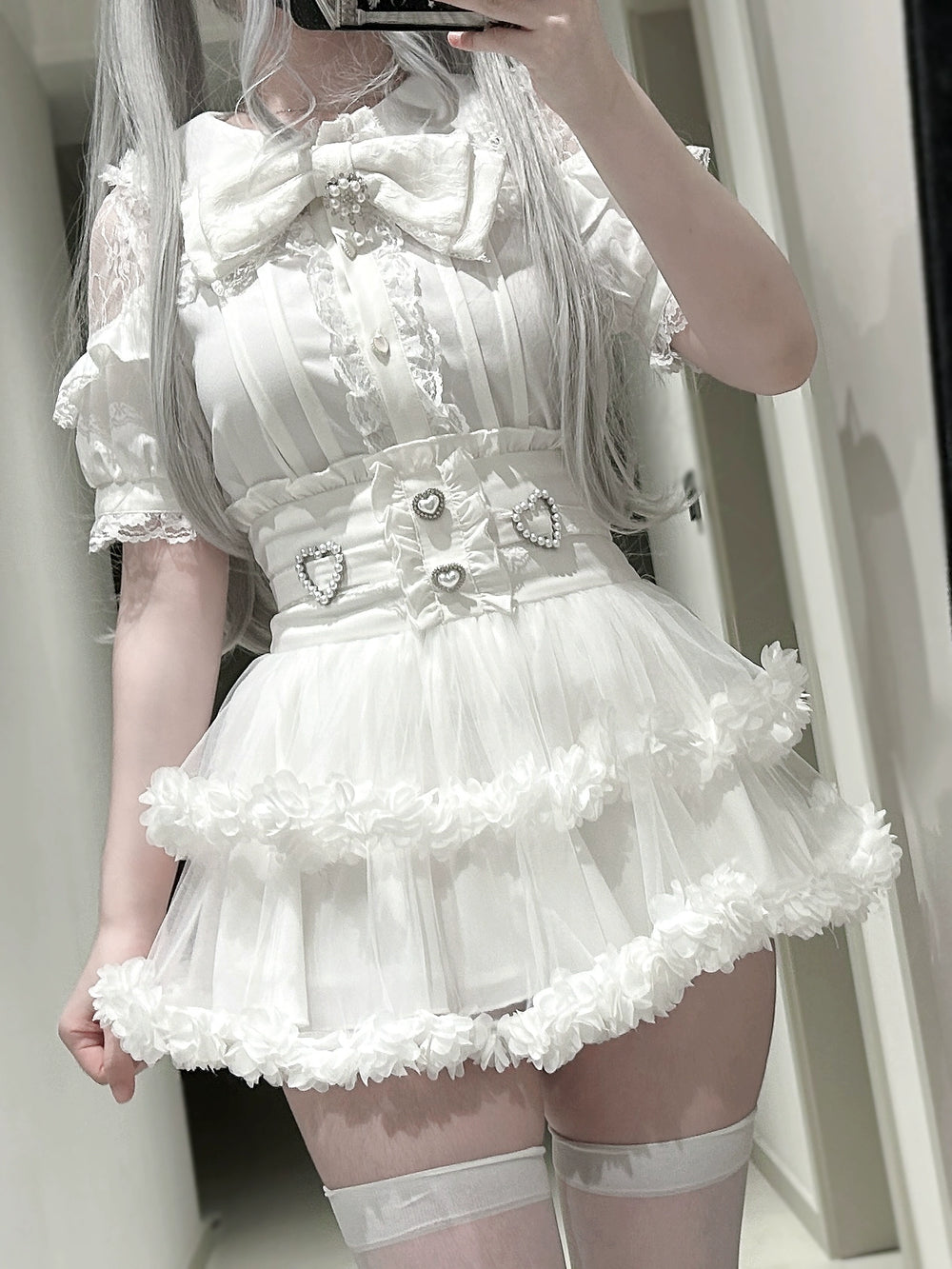 Lace Open Shoulder Jirai Kei Blouse, Detachable Bowtie 43243:777247
