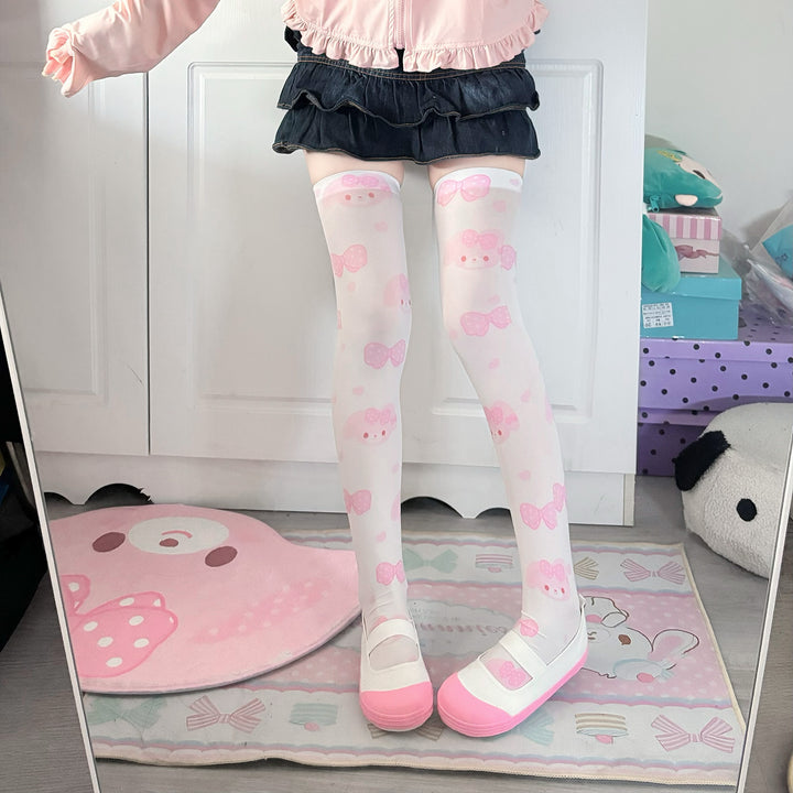 Kawaii Socks Pink Bunny Print Stockings Over-the-Knee Socks 42690:749434