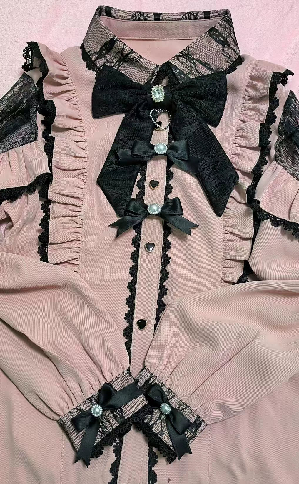 Lace Cut-Out Jirai Kei Blouse + Black Long High-Waist Lace-Up Skirt 41720:711594