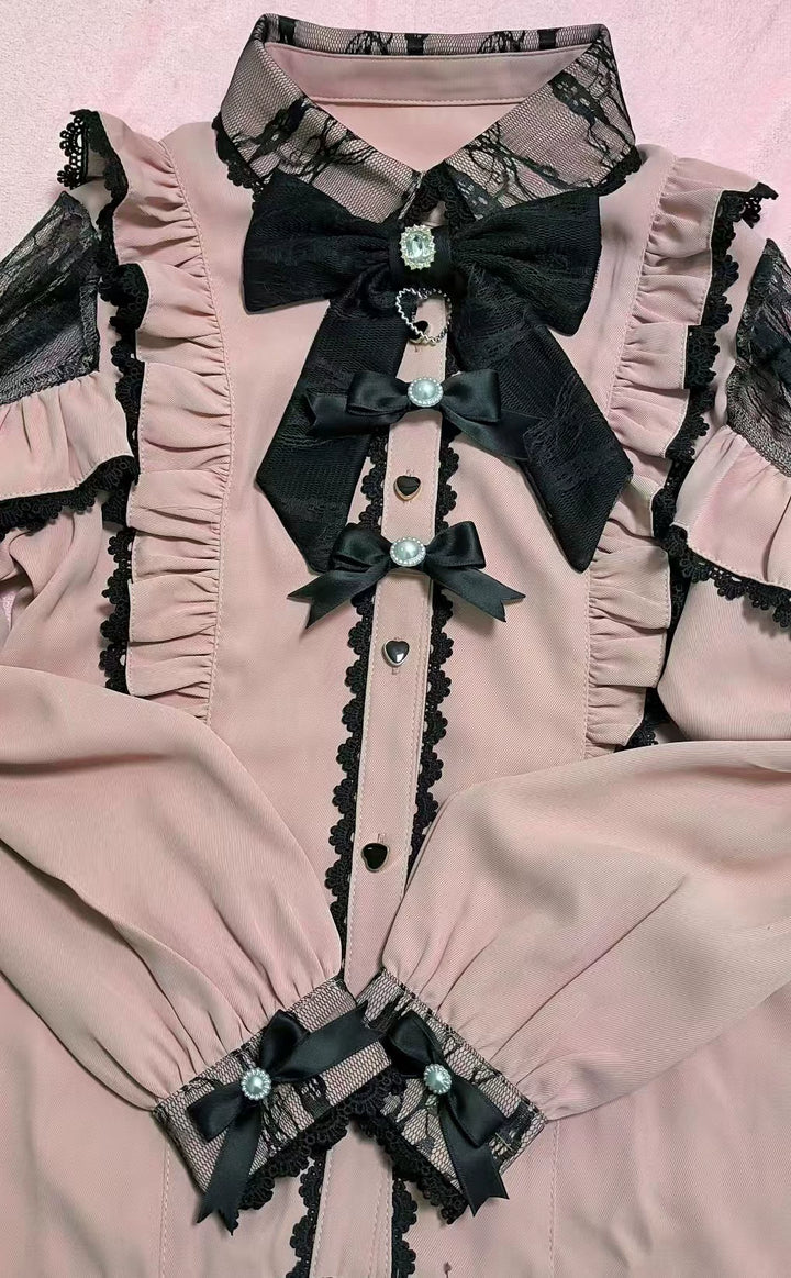 Lace Cut-Out Jirai Kei Blouse + Black Long High-Waist Lace-Up Skirt 41720:711594