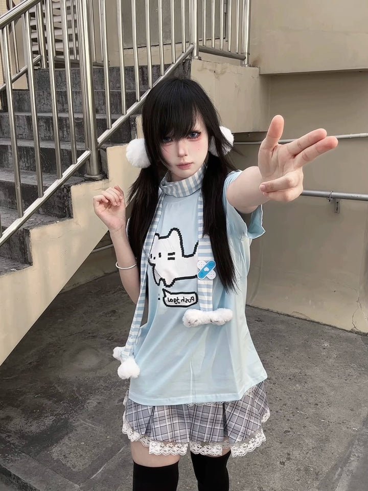 Water Blue Jirai Kei Cotton T-Shirt with Pixel White Cat Print 42853:755392