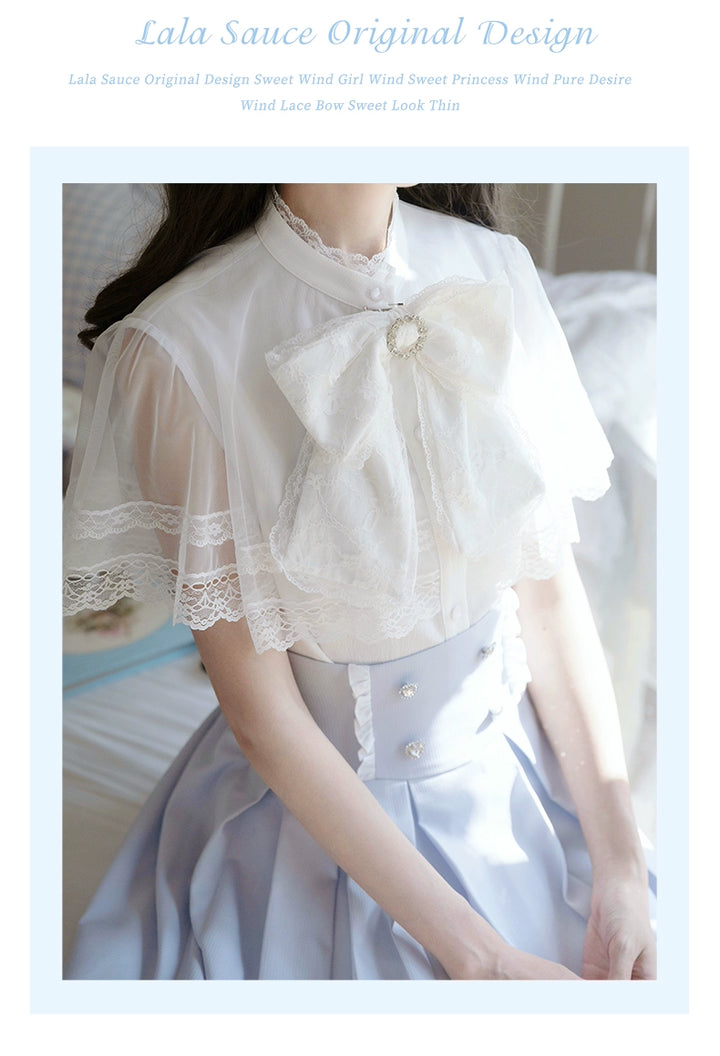 White Ryousangata Cape Blouse, BLue Pleated Skirt, Bow Tie 43066:764282