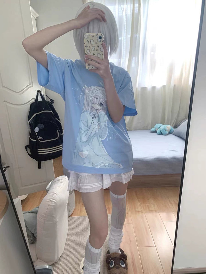 Jirai Kei White Blue Short-sleeved T-shirts 29224:343286 29224:343286