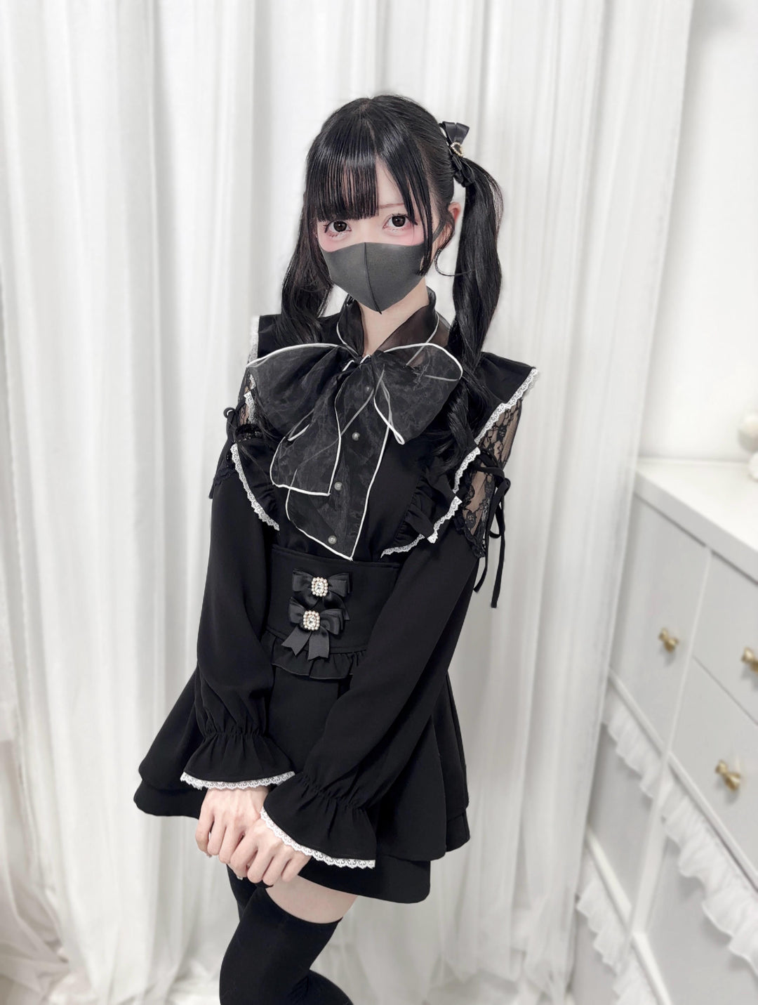 Jirai Kei Shirt with Large Mesh Bow & Lace Hollow-out Shoulder (L M) 42857:755666