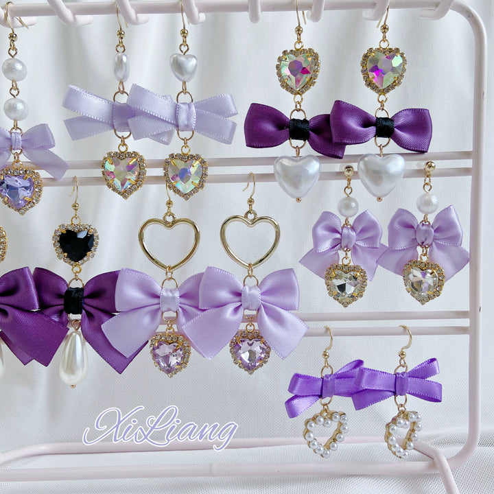Purple Jirai Kei Earrings with Ribbon Bow Rhinestone & Pearl Detail 41730:712148