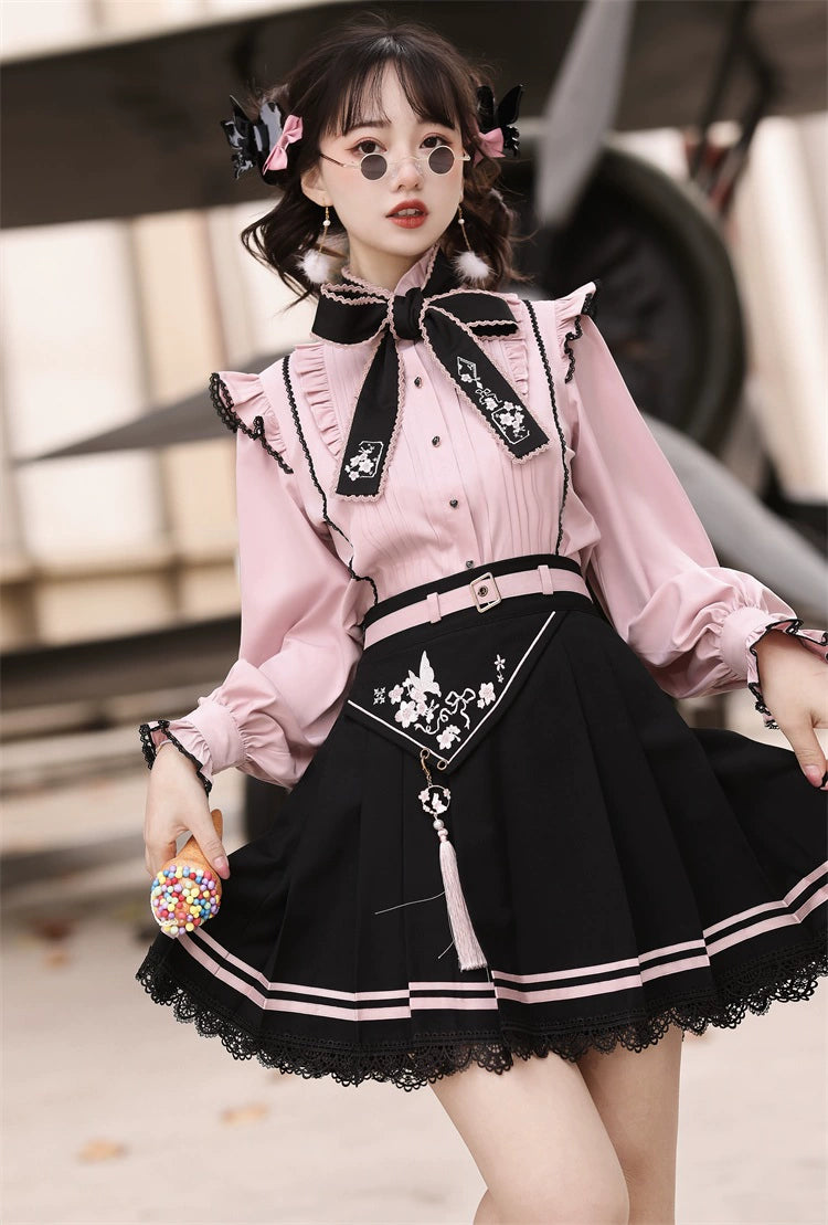 Pink Jirai Kei Blouse Black Skirt Chinese Hanfu Two-piece Set 22036:362430