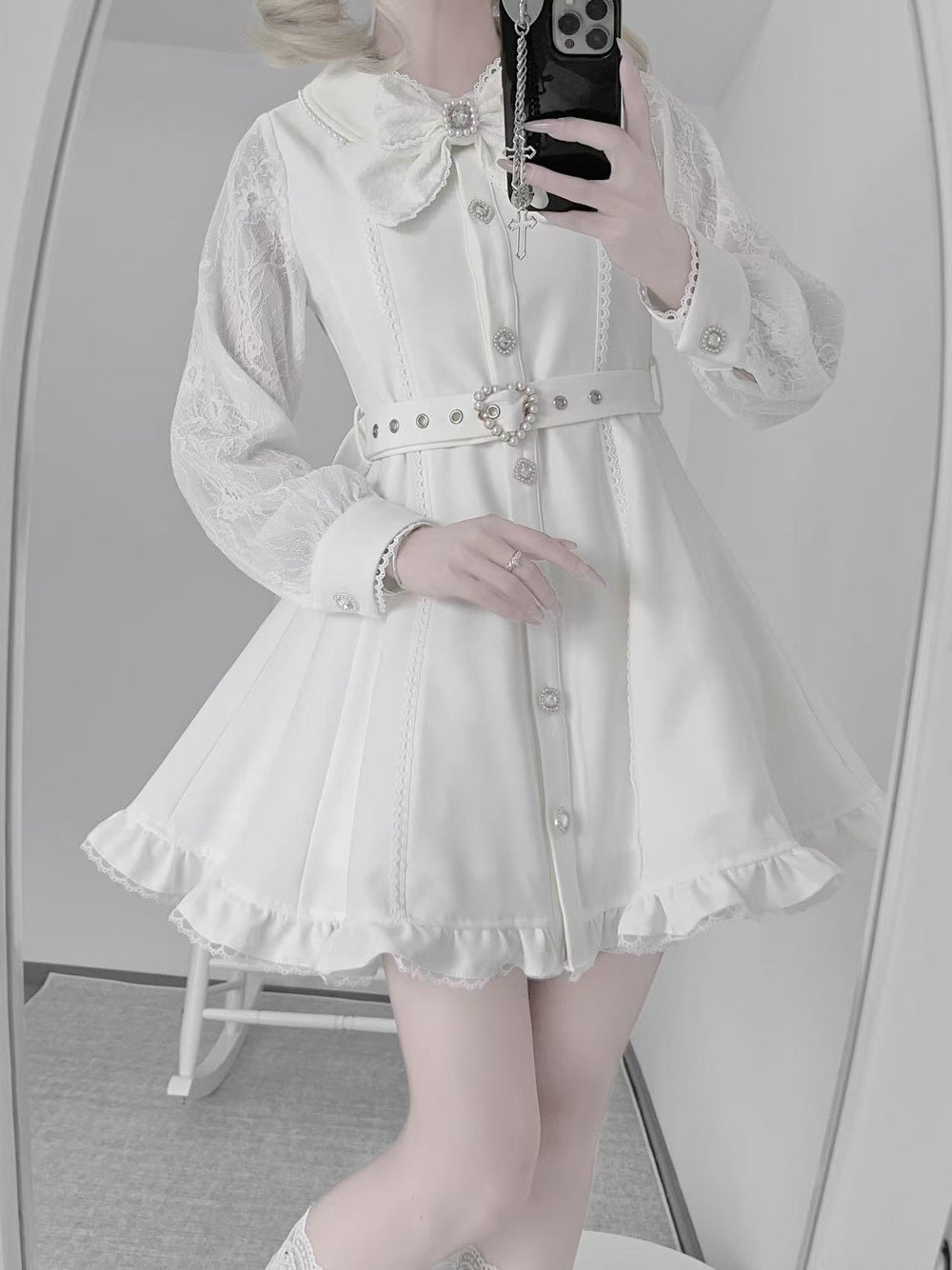 Long Sleeved Jirai Kei Dress with Detachable Cape & Pearl Bow 42783:752951