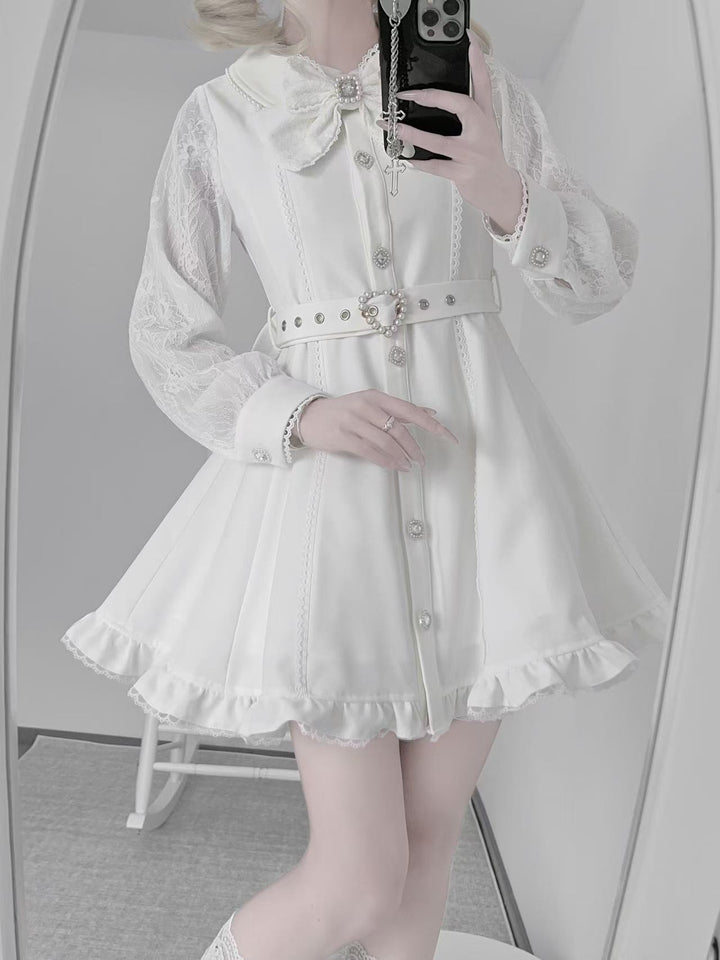 Long Sleeved Jirai Kei Dress with Detachable Cape & Pearl Bow 42783:752951