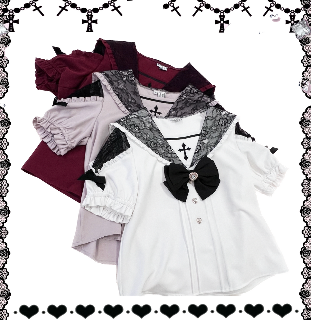 Jirai Kei Blouse High Waist Skirt Cross Sailor Collar Shirt 37118:552552
