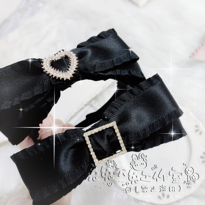 Jirai Kei Headband with Double-Layered Bow and Rhinestone 42323:736387
