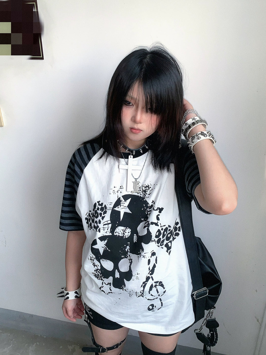 Cotton Subculture T-shirt, Gothic Skull & Leopard Heart Print 43225:771692